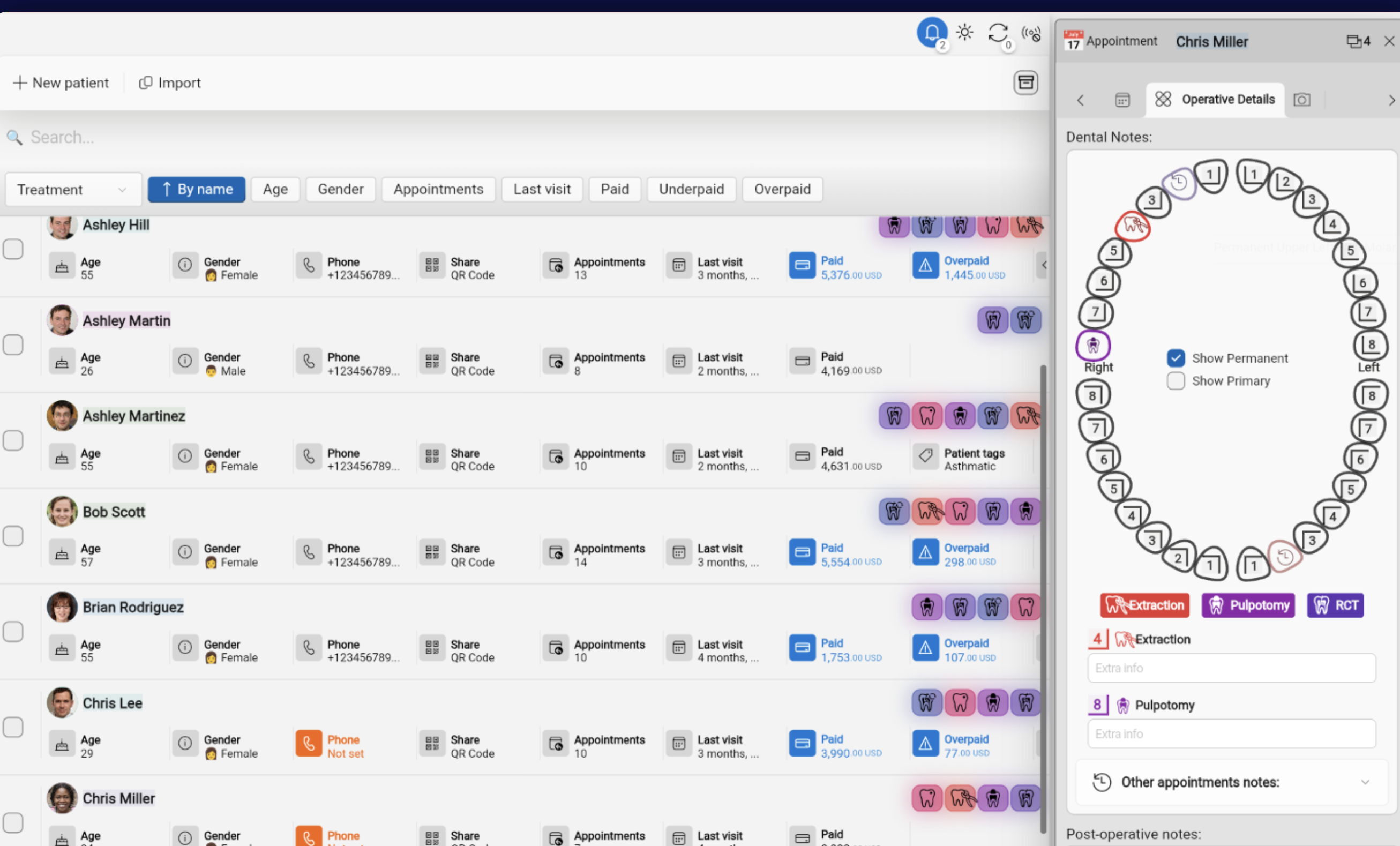 ChatDENT Windows dental chart beside the patient list